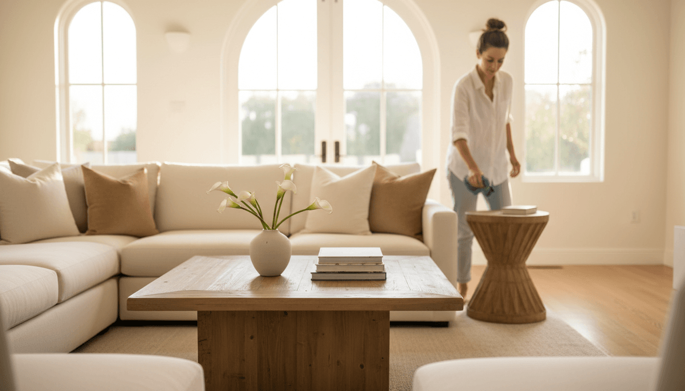 Professional cleaner organizing and polishing surfaces in a bright, clean Santa Barbara home with natural light