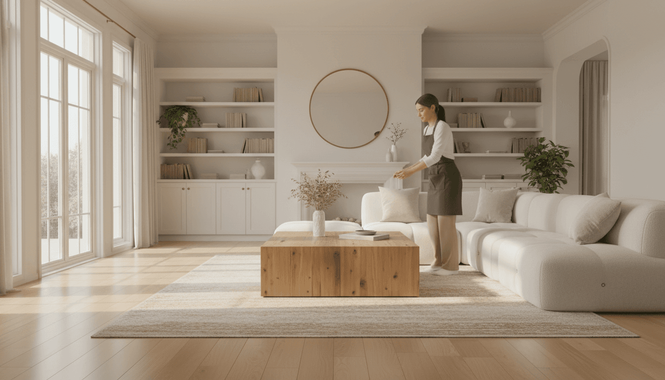 Bright, freshly cleaned living room with organized spaces and natural sunlight