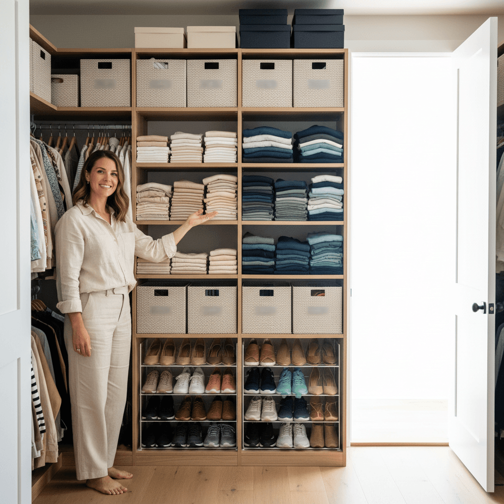 Organized closet with labeled storage and arranged clothing