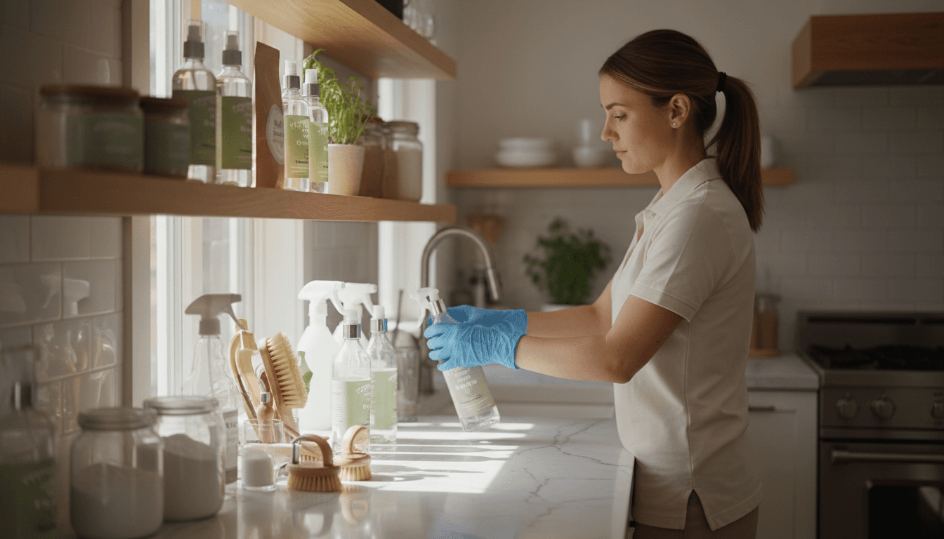 Professional cleaner organizing eco-friendly cleaning supplies on kitchen shelves